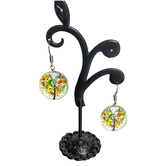 Boutique new multicolor double sided dome Tree of Life heart earrings - Picture 1 of 6
